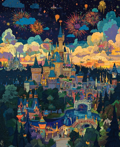 绚烂烟花下的童话城堡全景