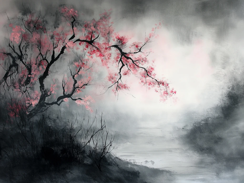 柔光水墨画风粉色意境