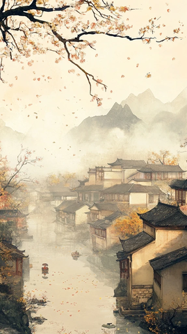 水乡景致与桂花飘落