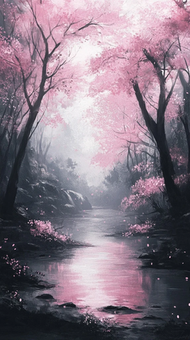 黑树粉花油彩森林