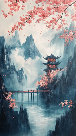 樱花盛开山间神社