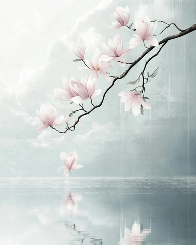 粉色牡丹枝条悬于水面