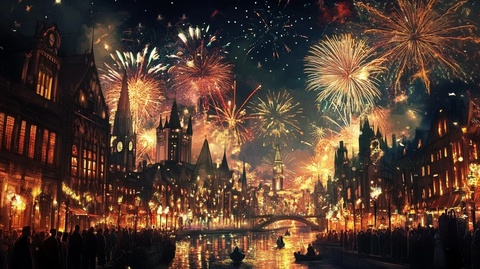 城市夜景中绚烂多彩的烟花秀