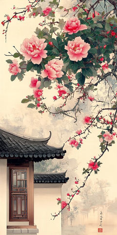 盛放牡丹映水乡人家