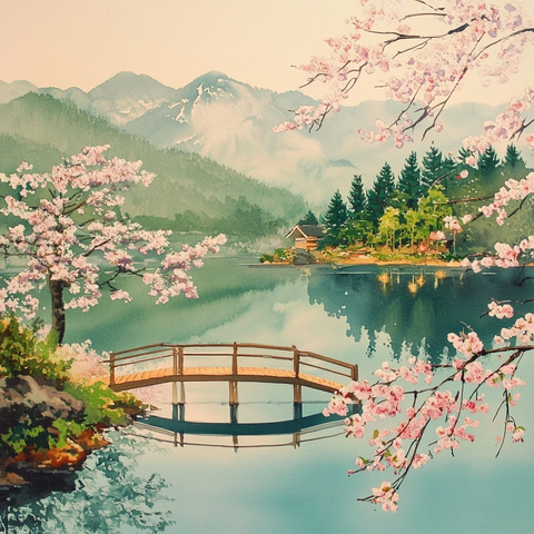 静谧湖水倒映山林木桥