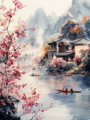 山间古屋河畔桃花盛开