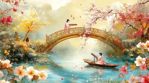 梅花溪流桥船女子演奏