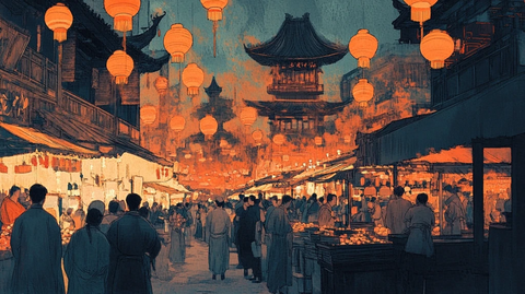 古街闹市灯火通明人群熙攘的夜景