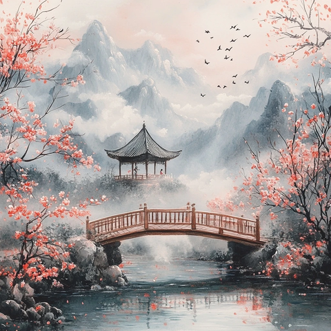 小桥流水桃花园亭中品茶观鸟