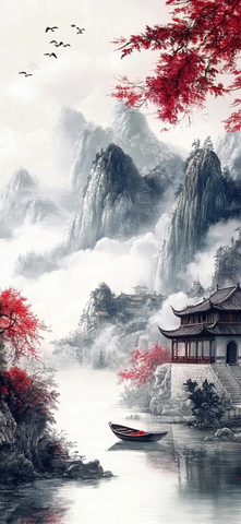 山水画卷中古建筑与红枫