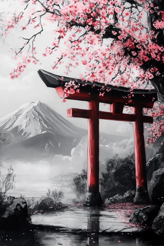 樱花富士山鸟居黑白画