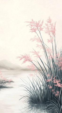 粉色芦苇环绕河流