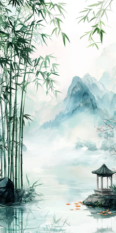 竹林山水轻雾水墨画