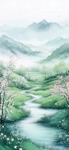 雨中山间草地小溪流