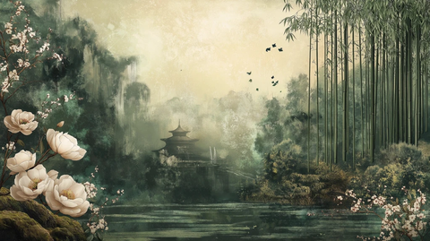 晨露竹林古松牡丹