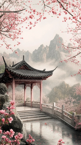春雨杏花石栏亭阁远山
