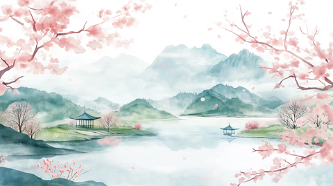 樱花湖景山水画