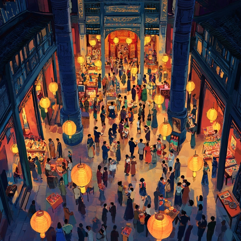 热闹的传统集市人群熙攘灯火辉煌