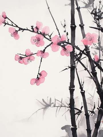 竹子桃树水墨画