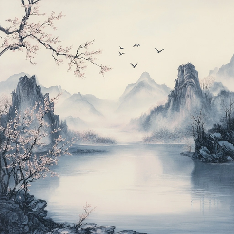 远山桃花流水烟雾