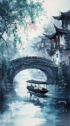 石桥细雨柳絮轻扬青衣踏岸