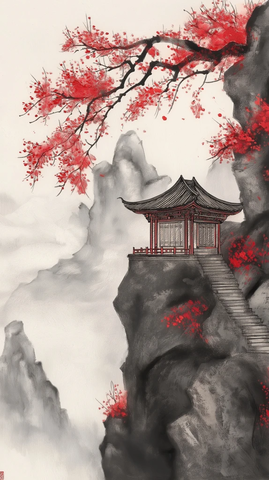 红色墨染山水画