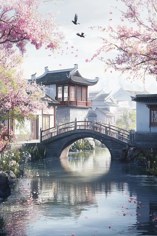 流水小桥鸟鸣花香
