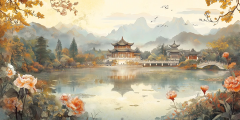 园林小桥流水云鸟图