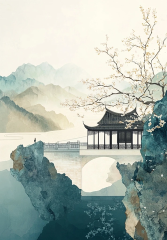 山水樱树春景图