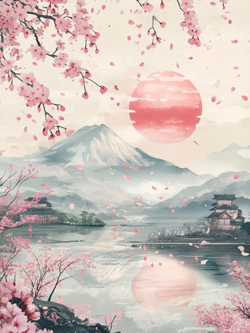 樱花飘落山水间