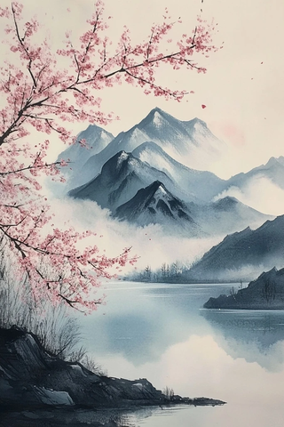 山水蓝墨樱花图