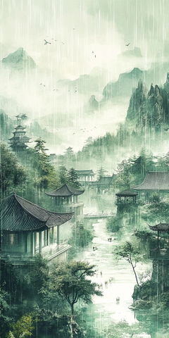 雨中古建筑与玉墙松树