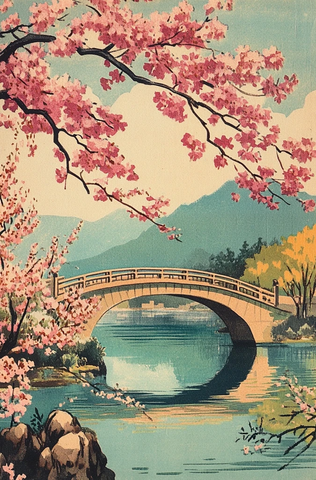 樱花桥景木版画