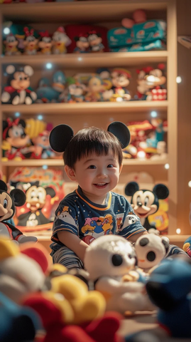 小孩在摆满玩偶的房间内开心地笑着