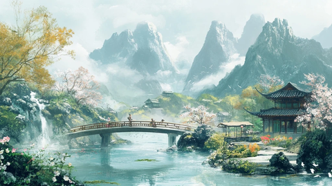 溪流花丛山峰松树文人