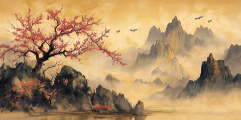 梅竹云景金底仙鹤图