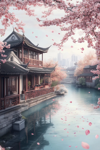 茶馆河畔樱花飘落