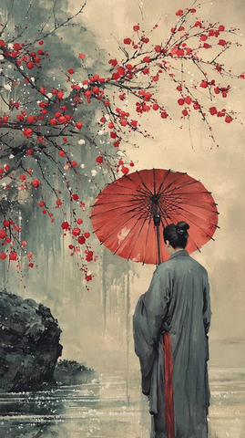 唐装学者油纸伞梅枝池畔