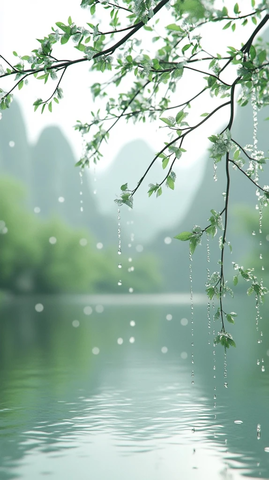 细雨轻拂柳枝嫩芽