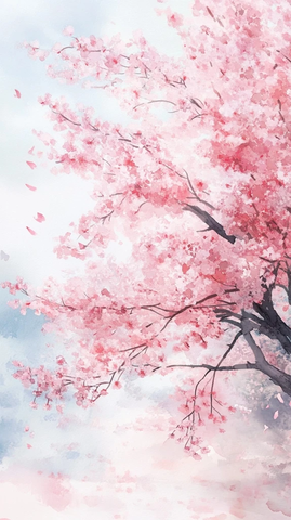 樱花树粉白花瓣水彩画