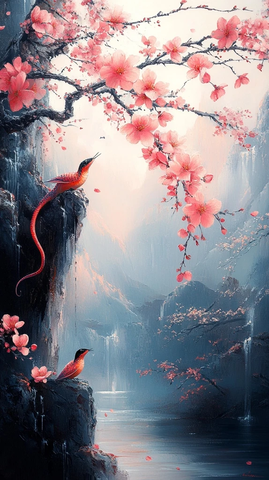 桃花树下蛇油彩画