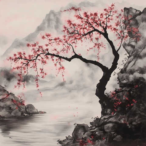 樱花树与河流墨绘
