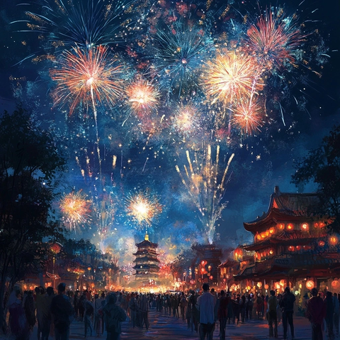 古建筑夜景人群聚集处烟花盛放