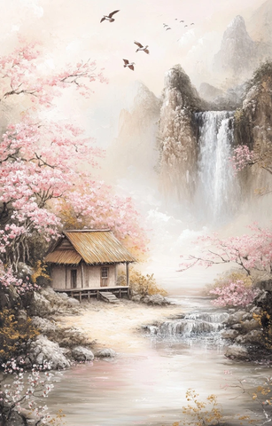 河畔小屋瀑布沙滩油彩画