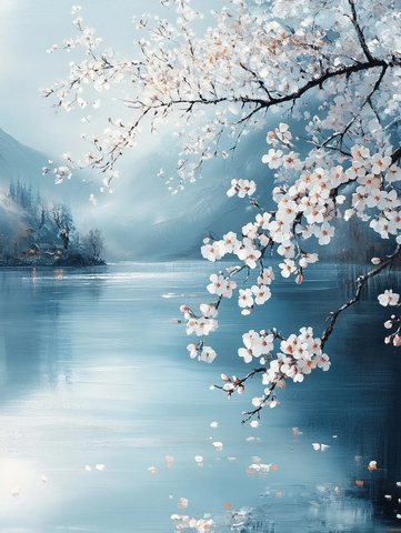 湖畔樱花飘落水面