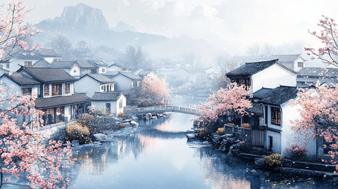 白墙黑瓦小桥流水桃花林
