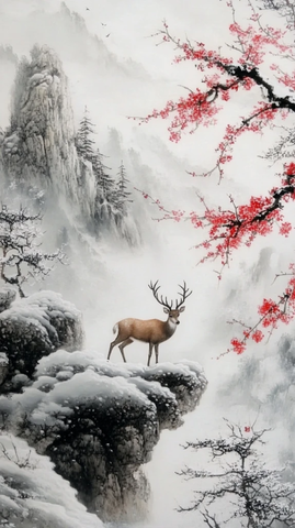 梅花鹿踏雪石岩松