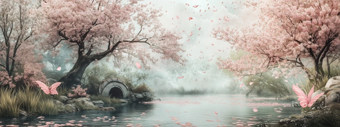 桃花盛开的水中绿岛