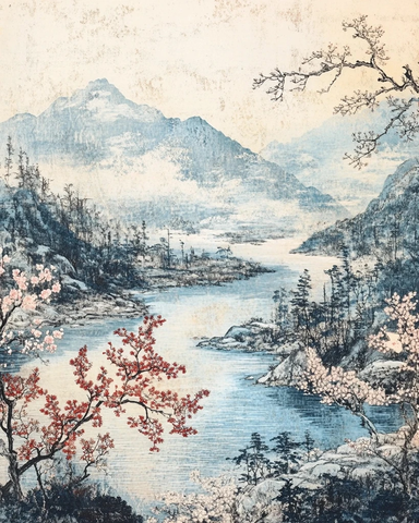 山景河流樱花木刻版画