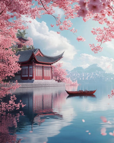 湖畔古建与樱花盛景